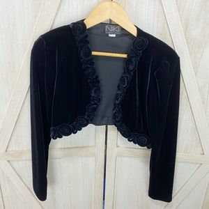 90s vintage black velour bolero jacket with rose trim